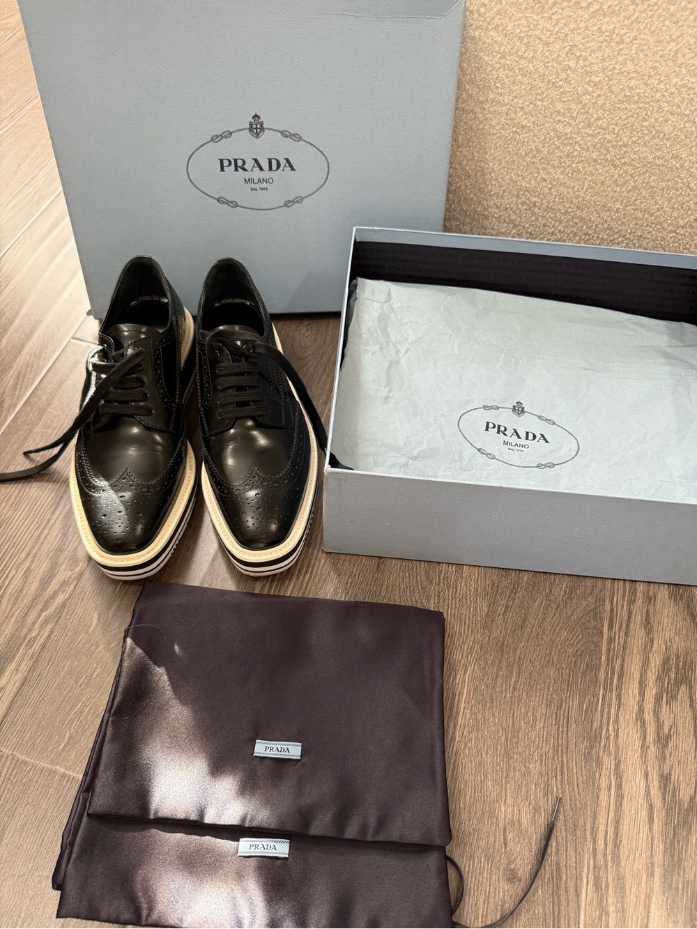 Prada Monolith Brushed Leather Brogues Black Sneakers